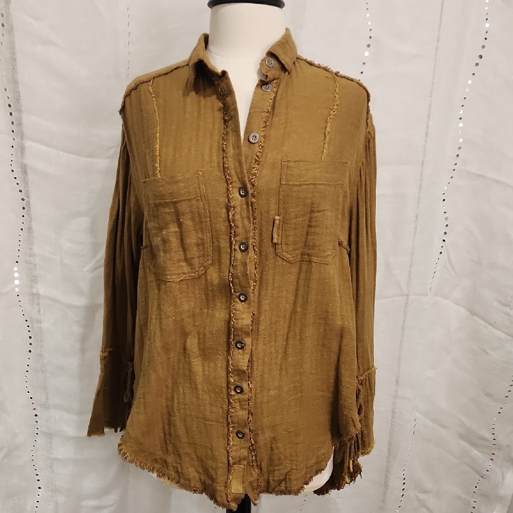Free People Tan Button-Up Shirt with Frayed Edges Size XS